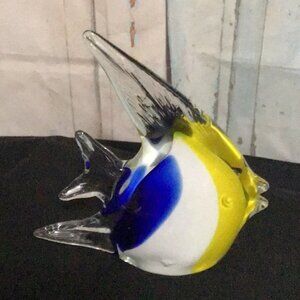 Art Glass Fish Sculpture Paperweight Multicolor Yellow Blue White